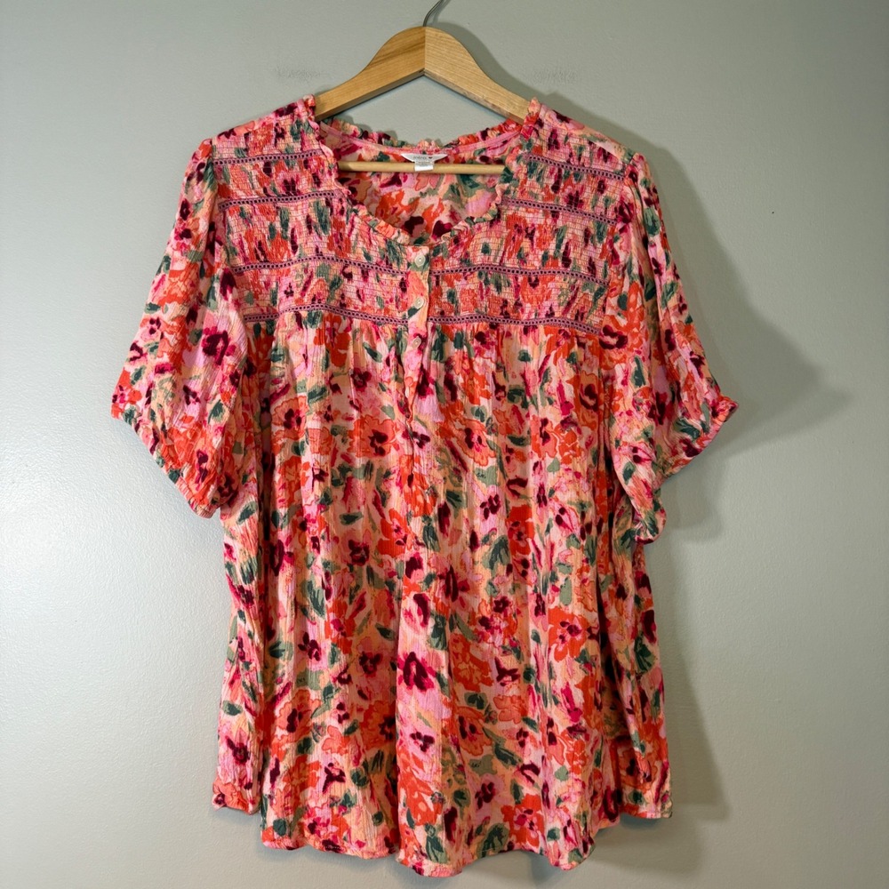 Intro Floral Smocked Blouse Pink Orange Rayon Boho Top 3X 43915P